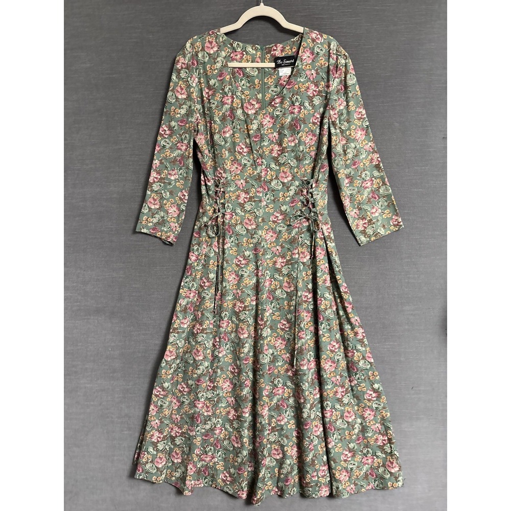 Vintage Be Smart Dress 13/14 Green Floral Lace Up Waist Fit Flare Maxi 90s Boho‎